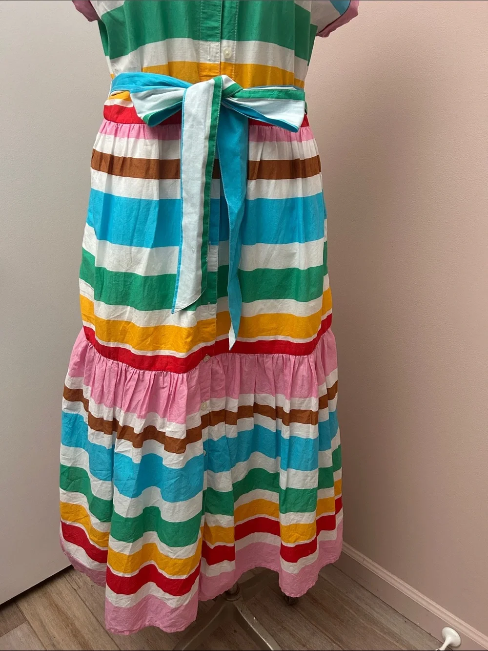 Cotton Colorful Striped Button-Up Tie-Waist Maxi Dress size 8